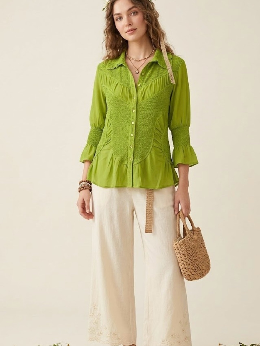 Sioni Green Smocked Peasant Blouse - Boho ruffle top